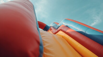 Brightly colored inflatable slide reaches high into the sky on a sunny day, inviting children and families to enjoy a day of play and laughter at a local event