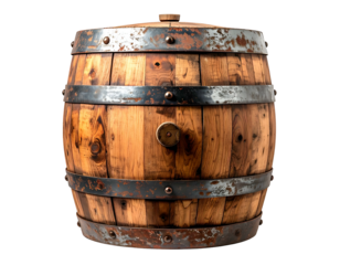 Rustic wooden storage barrel with metal hoops on black background