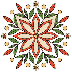 Vintage Tile Pattern Element with Leaves Retro Red and Green Geometric Bloom