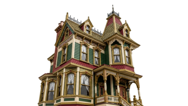 Isolated Victorian-style dollhouse, ornate architecture, intricate details, miniature house