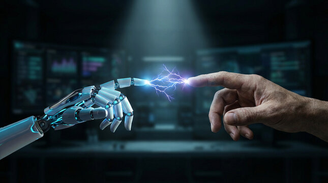 Robot Hand Touching Human Hand with Electric Spark  Human-AI Connection