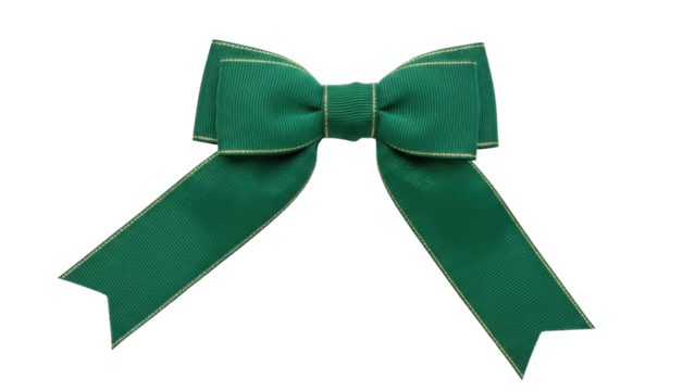 Isolated green ribbon bow with gold trim for holiday decorating and special events uses