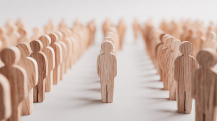 A single wooden figure standing between rows of similar figures symbolizing individuality, personal identity and the distinction within a structured community.
