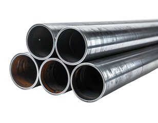 Fototapeta premium Stacked silvery metal pipes, industrial materials, dark background