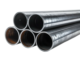 Stacked silvery metal pipes, industrial materials, dark background