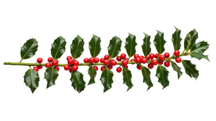 Isolated holly sprig with bright red berries for holiday season decoration or border