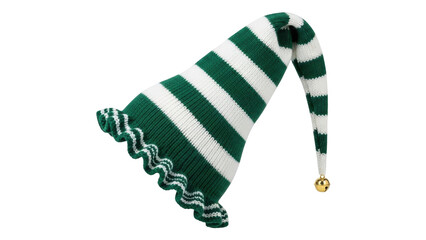 Isolated green and white striped elf hat with a gold bell for Christmas and holidays