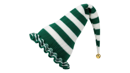 Isolated green and white striped elf hat with a gold bell for Christmas and holidays
