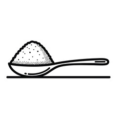 A simple black and white line drawing of a spoon filled with granular sugar resting on a flat surface illustrating a common kitchen ingredient for