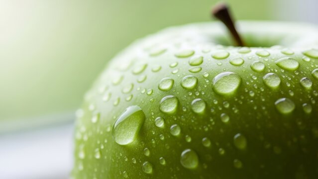 Crisp green apple glistening with fresh dew drops offers a refreshing taste of nature's goodness today - Powered by Adobe
