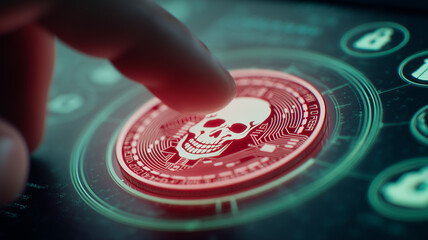 Malicious cyberattack concept portrayed through a finger touching a red digital skull icon illustrating system infection, data compromise and online vulnerability.
