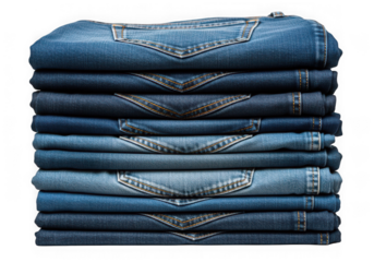 A neatly folded stack of blue denim jeans in various washes, different textures, isolated on white isolated on transparent background