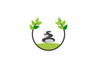 stone balance. green leaf spa symbol, wellness logo vector