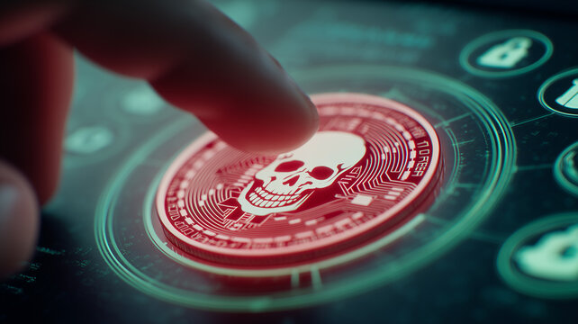 Malicious cyberattack concept portrayed through a finger touching a red digital skull icon illustrating system infection, data compromise and online vulnerability.