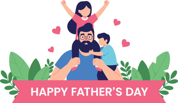 Happy Father's Day Celebration Vector Showing Loving Dad with His Daughter and Son on Shoulders Bounding Joyfully