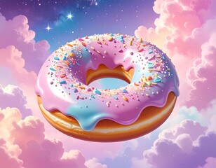 Dreamy donut iced pink and blue, rainbow sprinkles, floating amidst soft pastel clouds, and starry skies above