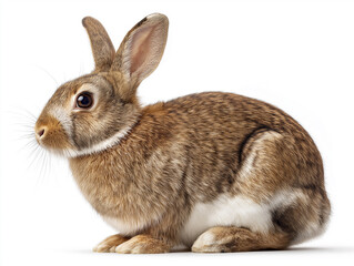 Obraz premium A fluffy brown rabbit with large ears sits alertly on a white background