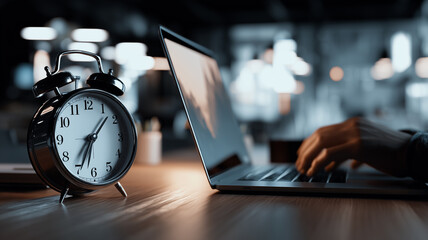 A classic alarm clock beside an active workstation depicting productivity, time awareness and focused workflow discipline.
