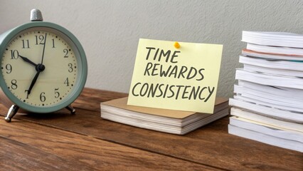 Ticking Clock and Sticky Note on Wooden Desk Emphasizing Time