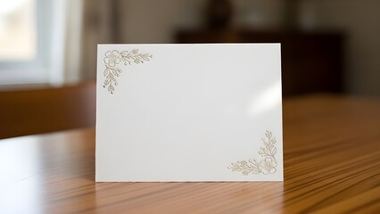 Elegant blank white greeting card with delicate floral embellishments in corners, perfect for invitations or special occasions