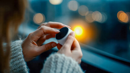 Close-up of a person adjusting a modern smart thermostat with digital temperature display