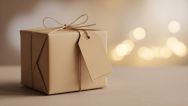 Thoughtfully wrapped brown paper gift box with natural twine and an empty tag, glowing against a soft bokeh light background, symbolizing special moments and heartfelt surprises