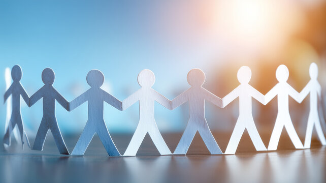 A row of paper figures holding hands symbolizing unity, community support and the collaborative strength that emerges from shared human connection.