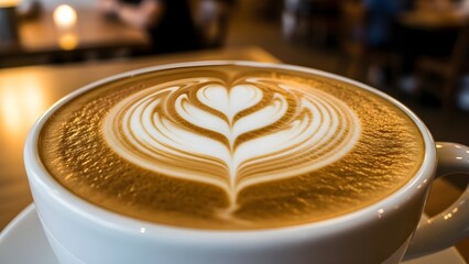 A beautiful close-up of a barista's heart-shaped latte art on a frothy cappuccino, served in a classic white coffee cup for a cozy morning treat