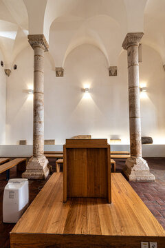 Interior of the Synagogue of Tomar in Portugal. Former place of worship, now Luso-Hebrew Museum