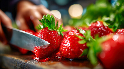 Close-up of fresh strawberries being sliced with a sharp knife in a kitchen setting