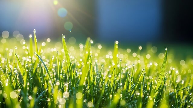 Fresh green grass with dew drops shimmering in the morning sunlight