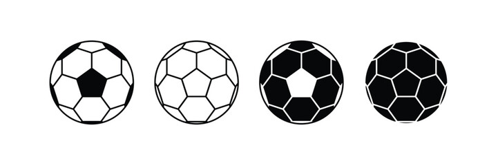 Fototapeta premium Simple four black soccer ball icons set. Football graphic vector collection for sports events, logo, championship, or tournament design