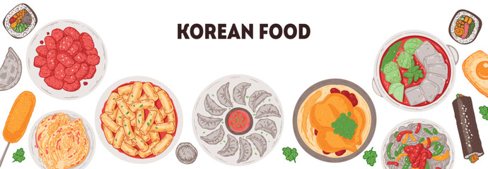 Korean food vector drawing. Top view Korean food dishes vector illustration. Flat style. Bulgogi, corn dog, kimchi, mandu, dumpling, samgyetang, jjigae, japchae, kimbap