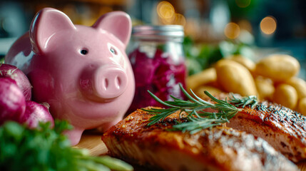 Pink ceramic piggy bank placed among fresh vegetables and herbs on a kitchen counter symbolizing food budgeting and savings