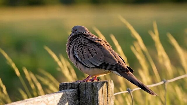 Spotted turtle dove perched on a wooden fence post at sunset