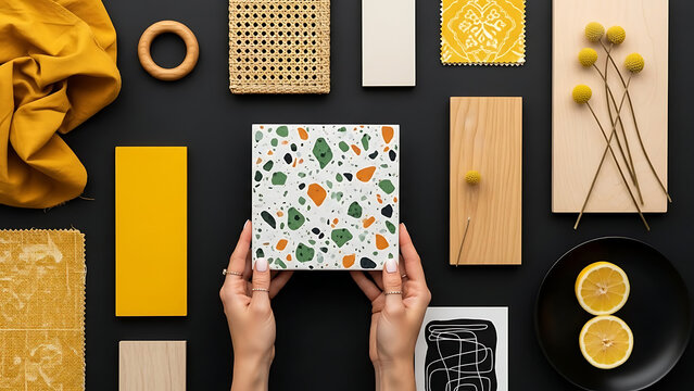 A designer's hands holding a terrazzo tile while composing a vibrant mood board with fabric, wood, and botanical samples for an interior design project