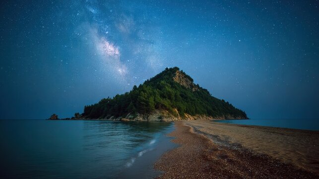 Starry Night Sky Over a Peaceful Island Landscape