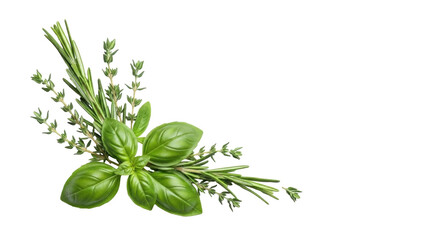 Isolated herbs, sprigs of fresh thyme, basil, and rosemary for cooking and garnishing