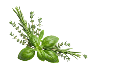 Isolated herbs, sprigs of fresh thyme, basil, and rosemary for cooking and garnishing
