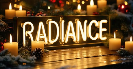 Warm radiance sign surrounded by candles, pine branches. Festive holiday scene evokes cozy winter feelings, soft lighting.