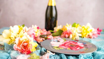A festive table adorned with a floral plate, vibrant blossoms, and a bottle of champagne.