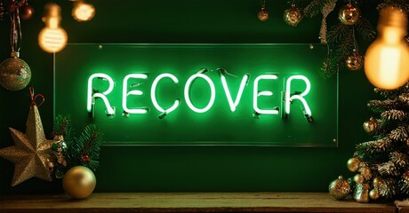 Festive scene features bright neon RECOVER sign. Green wall, ornaments, star, lights create cozy holiday mood.