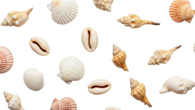 Isolated assortment of various seashells with different shapes and textures of seashells