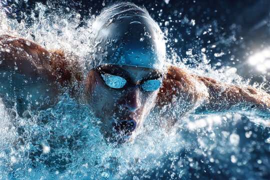 Competitive swimmer performing a powerful stroke in a pool during a swim meet at dusk