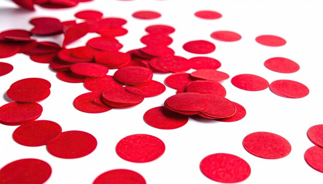 Bright red circular confetti scattered across a clean white background for festive occasions.