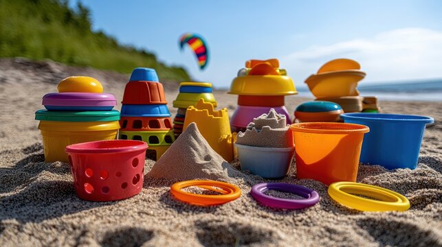 Vibrant beach toys scattered on the sandy shore create a sense of summer fun and joyful memories, perfect for family vacation promotions or educational content about coastal adventures