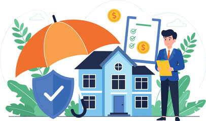 Home Insurance and Property Protection Concept Vector Illustration Featuring Real Estate Agent, Safety Shield, Umbrella, and Financial Policy Documents