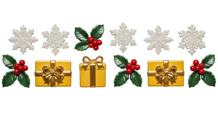 Isolated Christmas decorations. Gift boxes, holly berries and snowflakes ornament pattern