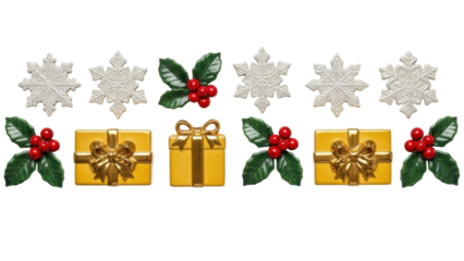 Isolated Christmas decorations. Gift boxes, holly berries and snowflakes ornament pattern