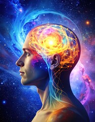 A profile view of a person with a luminous, swirling brain and cosmic energy flowing through their body.
